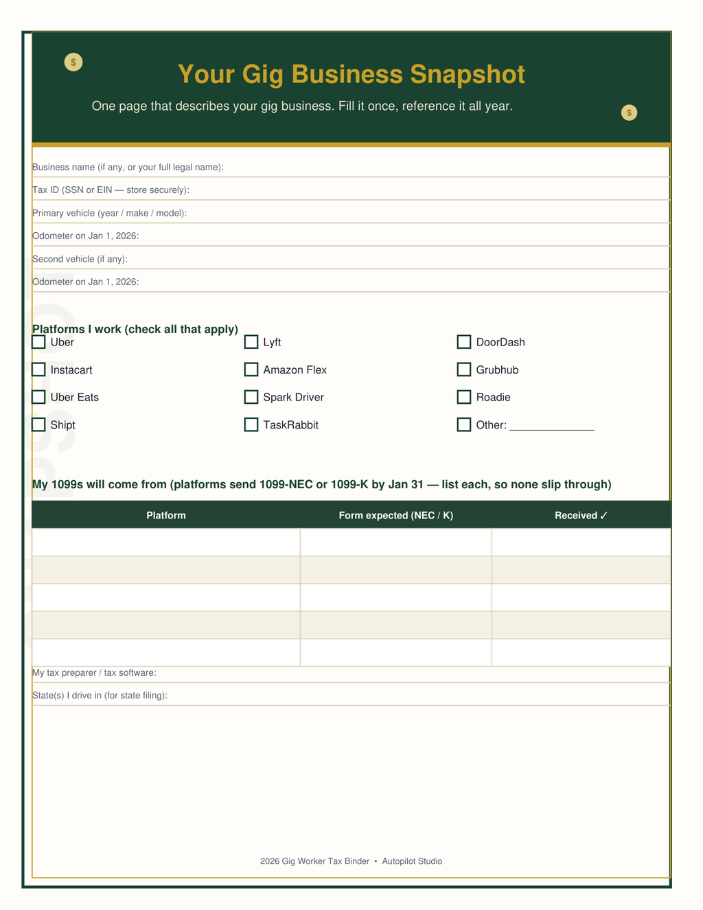 2026 Gig Worker Tax Binder, 1099 Tax Organizer for Uber DoorDash Lyft Drivers, Mileage Log, Expense Tracker, Printable PDF