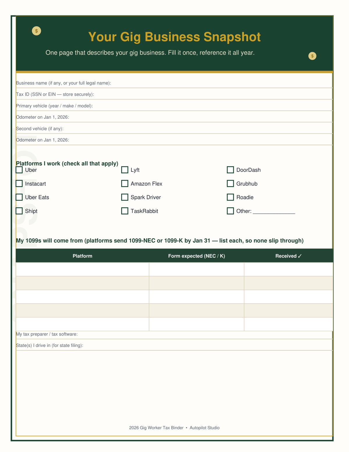 2026 Gig Worker Tax Binder, 1099 Tax Organizer for Uber DoorDash Lyft Drivers, Mileage Log, Expense Tracker, Printable PDF