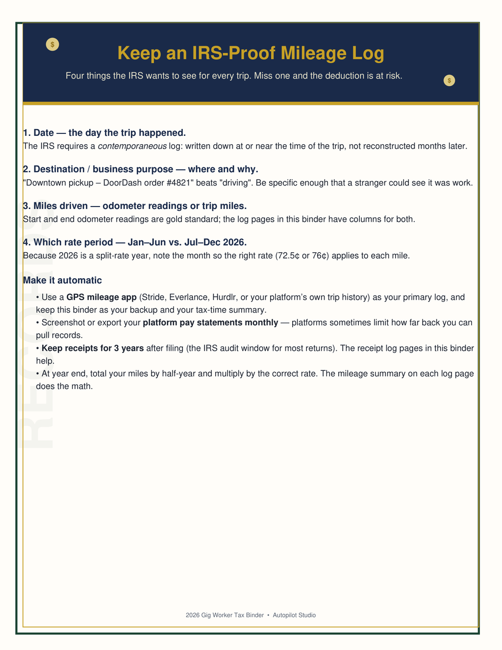 2026 Gig Worker Tax Binder, 1099 Tax Organizer for Uber DoorDash Lyft Drivers, Mileage Log, Expense Tracker, Printable PDF