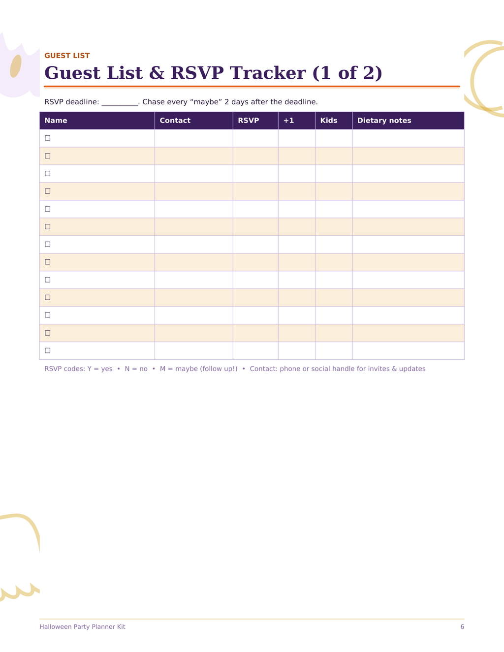 Halloween Party Planner Kit, Party Planning Checklist, Guest List, Costume Planner, Menu and Decor, Printable PDF