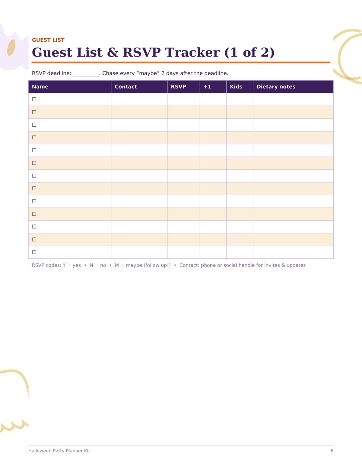 Halloween Party Planner Kit, Party Planning Checklist, Guest List, Costume Planner, Menu and Decor, Printable PDF