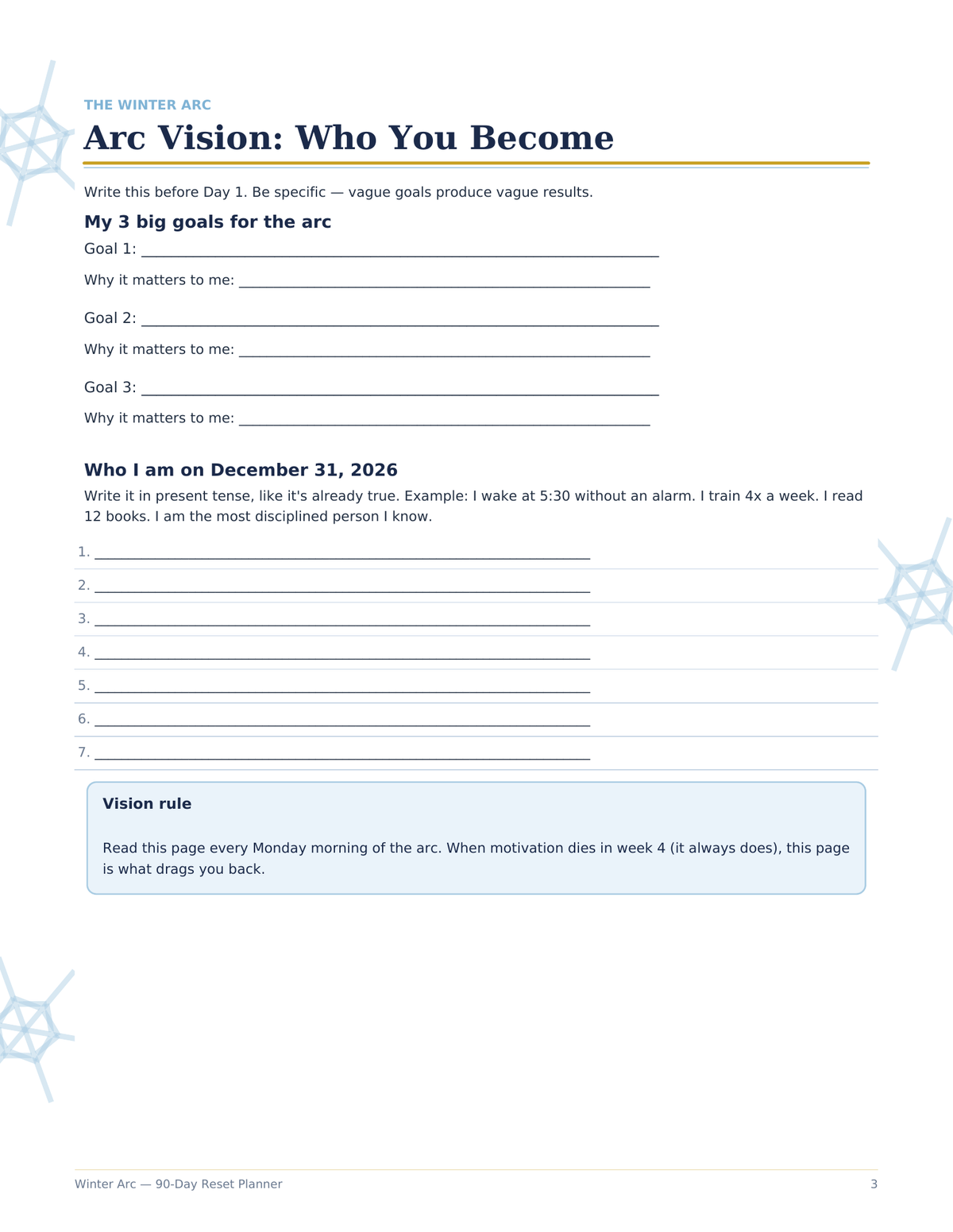 Winter Arc 90-Day Reset Planner, 90 Day Challenge Printable, Habit Tracker, Workout Log, Weekly Review Journal