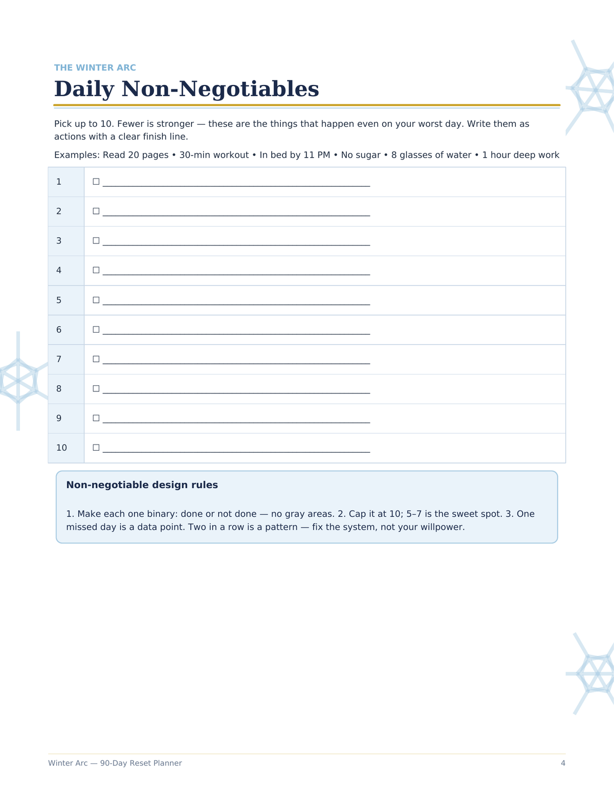 Winter Arc 90-Day Reset Planner, 90 Day Challenge Printable, Habit Tracker, Workout Log, Weekly Review Journal