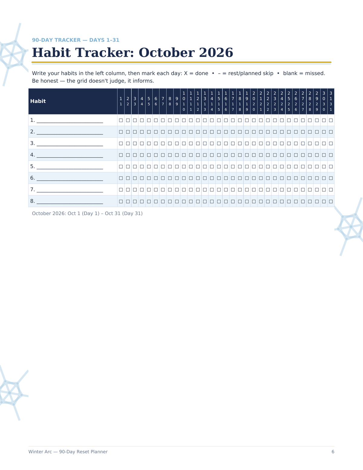 Winter Arc 90-Day Reset Planner, 90 Day Challenge Printable, Habit Tracker, Workout Log, Weekly Review Journal