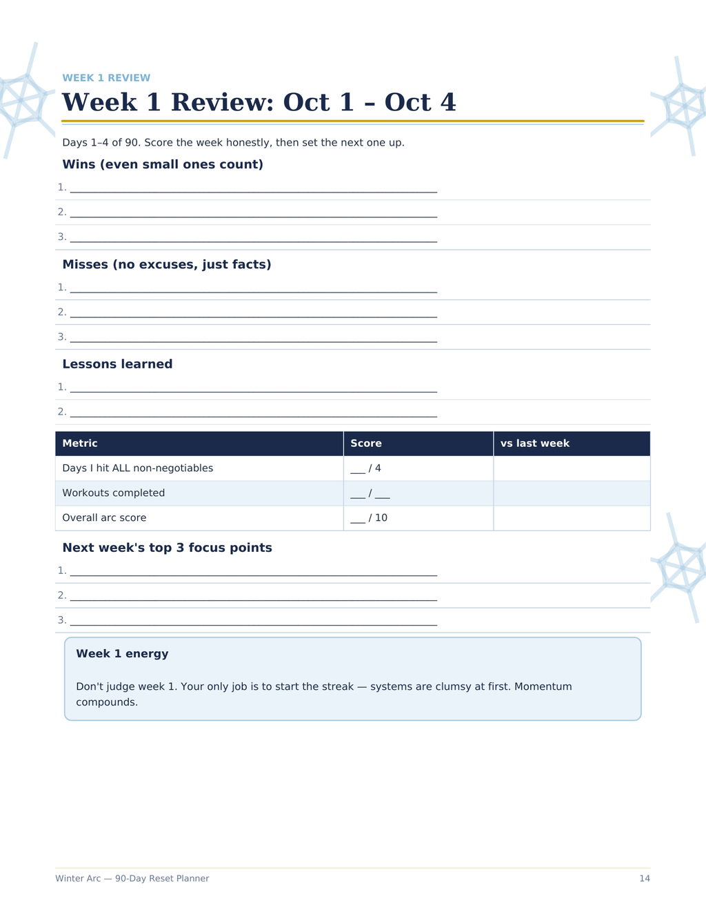 Winter Arc 90-Day Reset Planner, 90 Day Challenge Printable, Habit Tracker, Workout Log, Weekly Review Journal