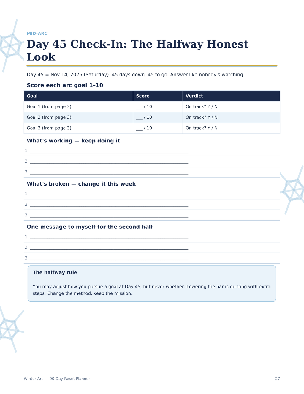 Winter Arc 90-Day Reset Planner, 90 Day Challenge Printable, Habit Tracker, Workout Log, Weekly Review Journal